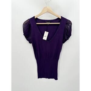 Express Top Women XS NWT Purple Short Cap Sleeve V-Neck Ribbed Knit